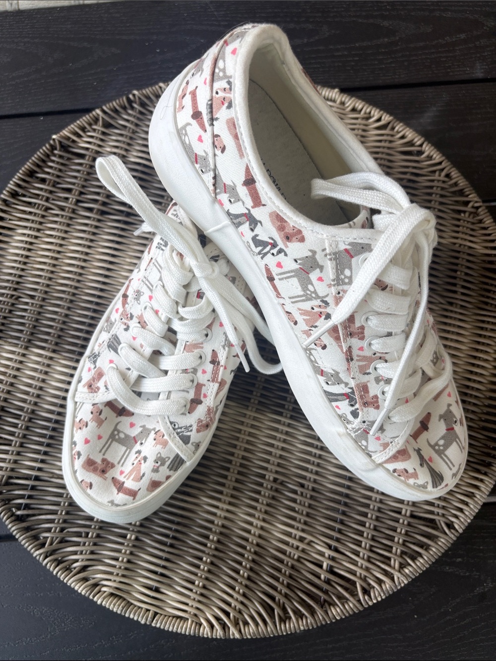Cynthia Rowley White Canvas Sneakers with Pink and Gray Dog Print